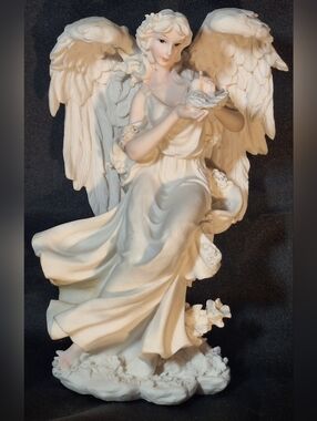 White Angel Figurine with Bird Resin Sculpture